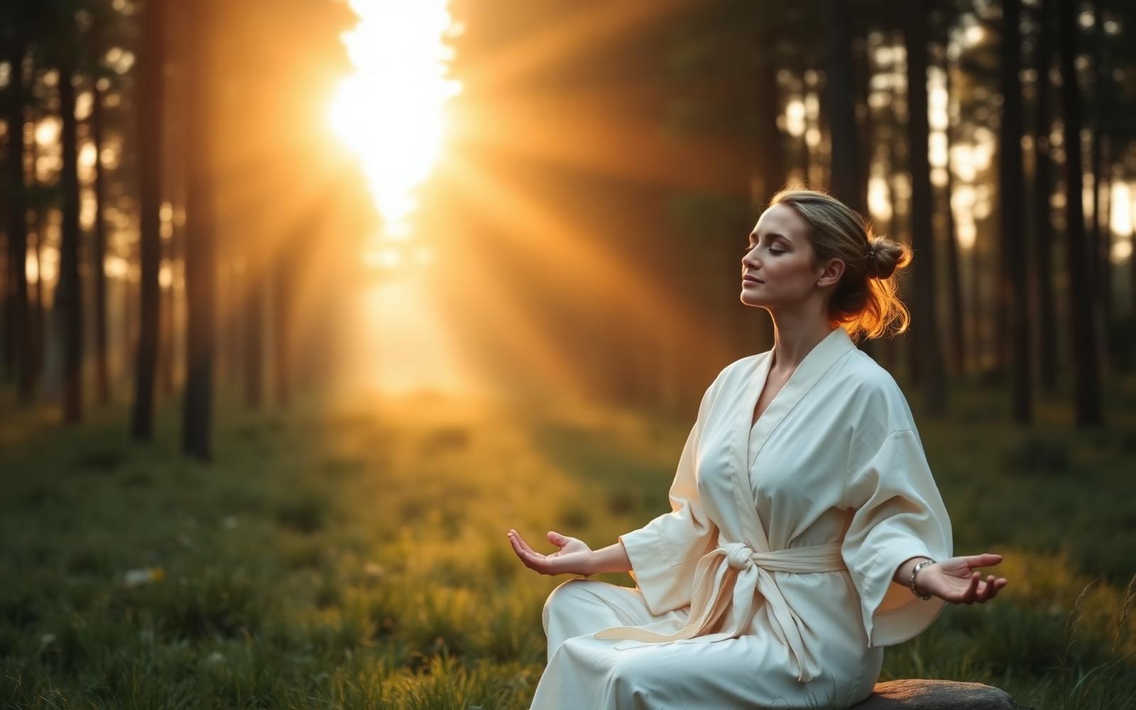 Peaceful meditation in a sunlit forest clearing