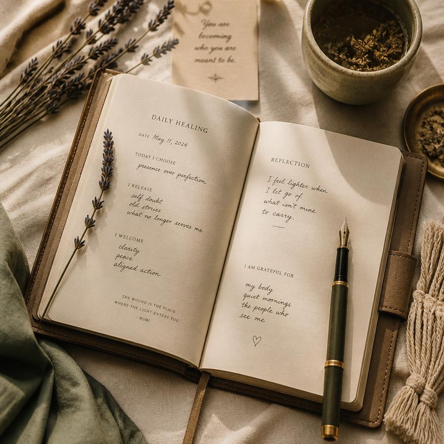 An open healing journal beside herbal tea