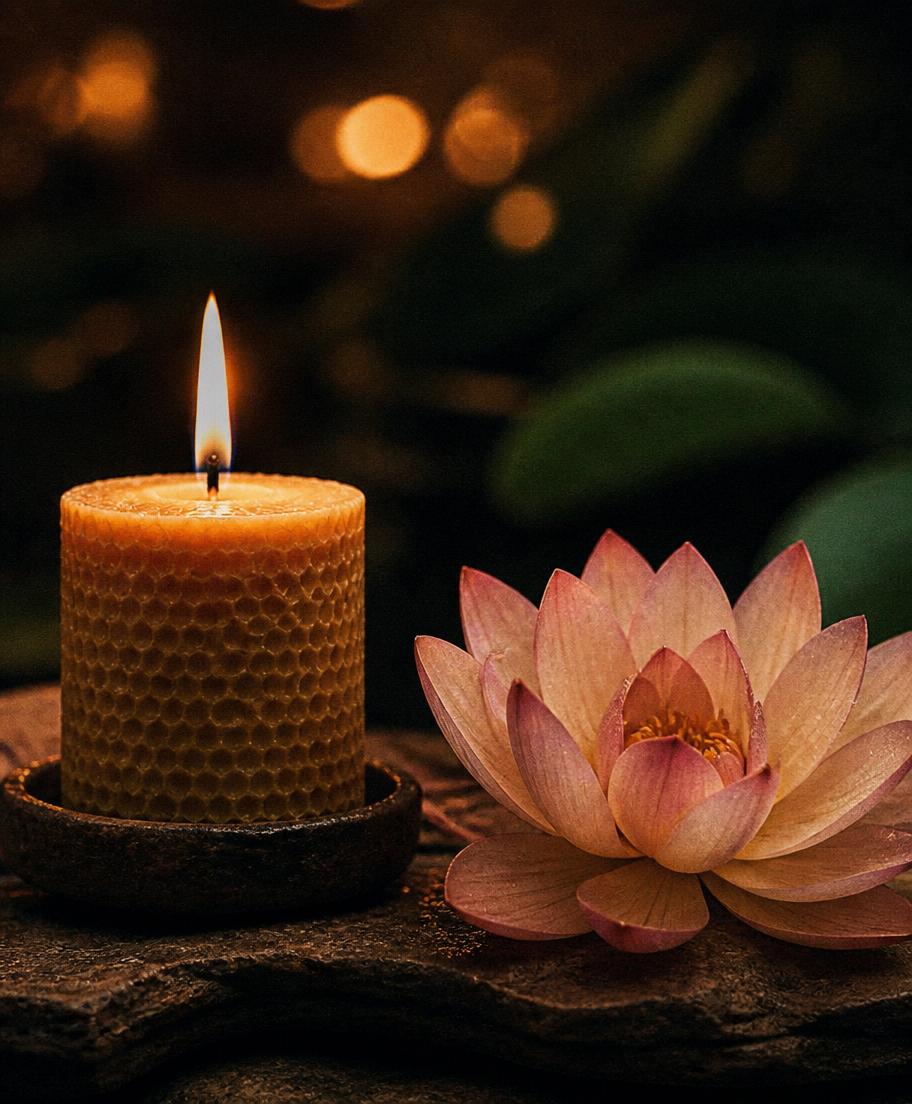A warm candle beside a lotus flower