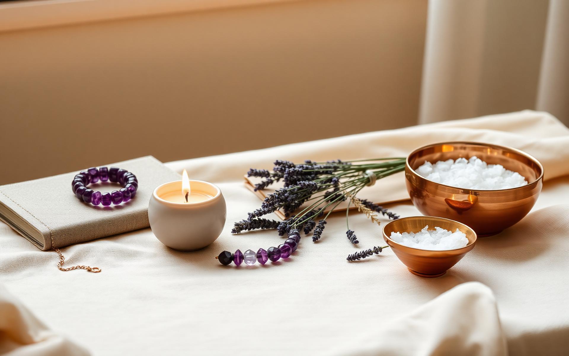 Sacred healing objects — candle, crystals, lavender and bath salts in warm light